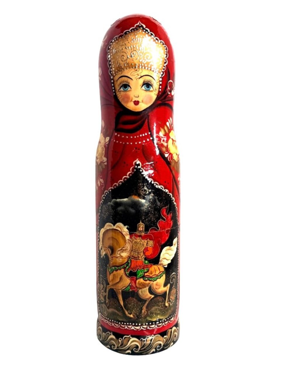 Vintage hand-painted red wooden Matryoshka doll bottle holder, folk art, stateme